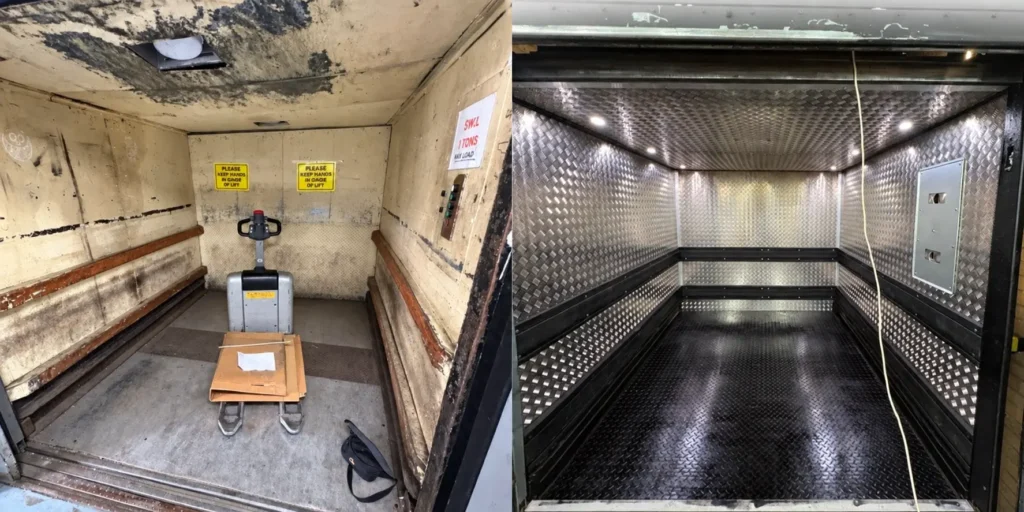 goods lift refurbishment for AGA Rangemaster UK showing before and after car interior transformation