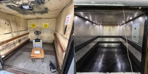 goods lift refurbishment for AGA Rangemaster UK showing before and after car interior transformation